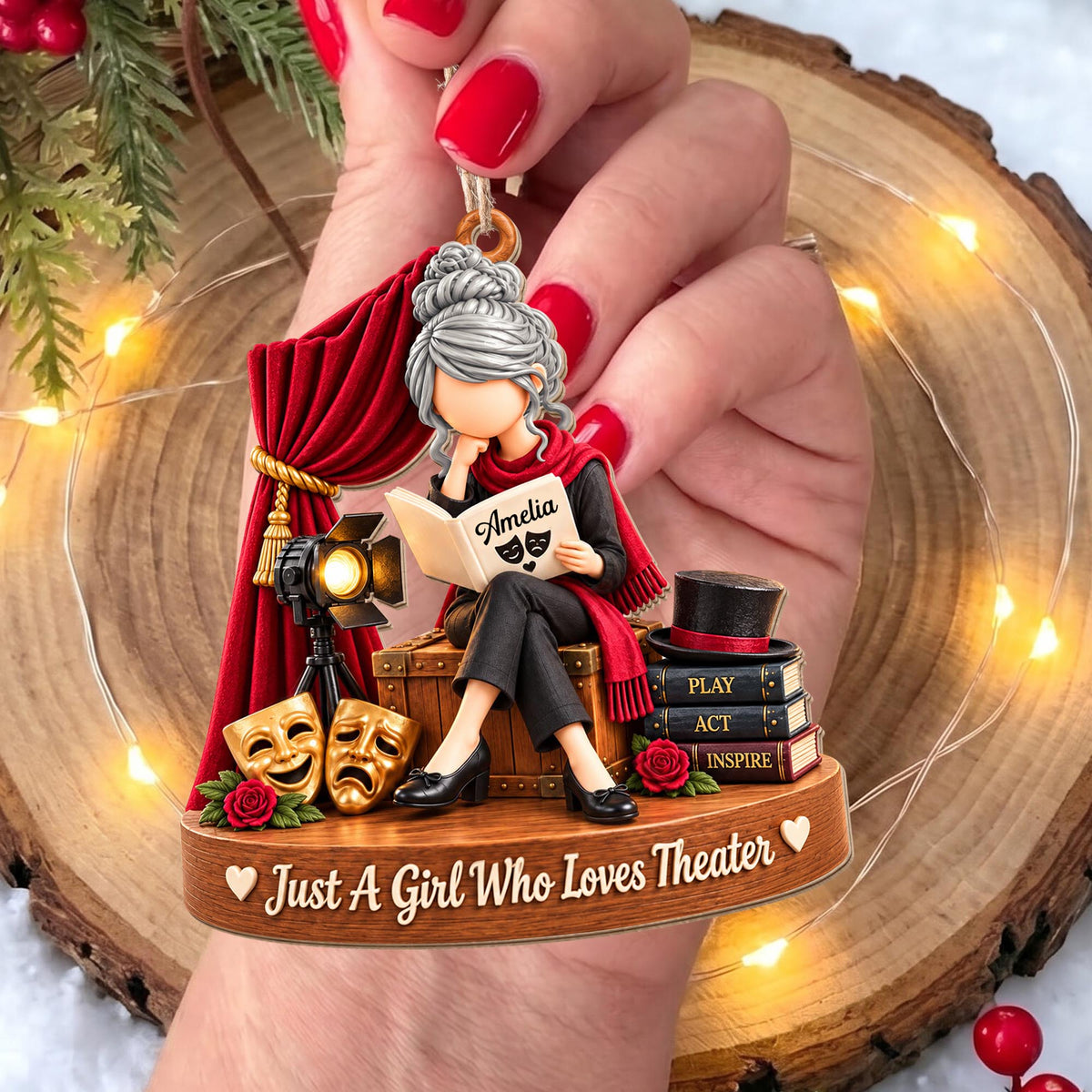 Just A Girl Who Loves Theater Drama Masks Red Curtain - Personalized Custom Wood Ornament, Custom Shaped - JBS401_WDO