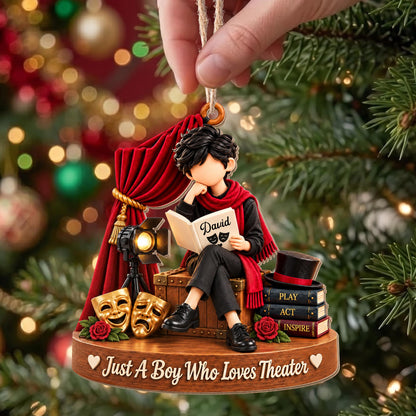 Just A Boy Who Loves Theater With Masks And Spotlight - Personalized Custom Wood Ornament, Custom Shaped - JBS431_WDO