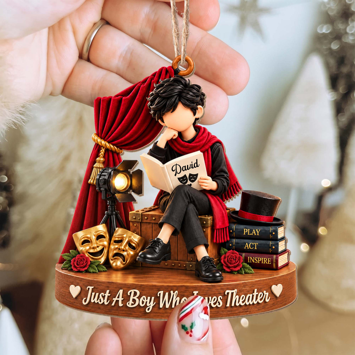 Just A Boy Who Loves Theater With Masks And Spotlight - Personalized Custom Wood Ornament, Custom Shaped - JBS431_WDO