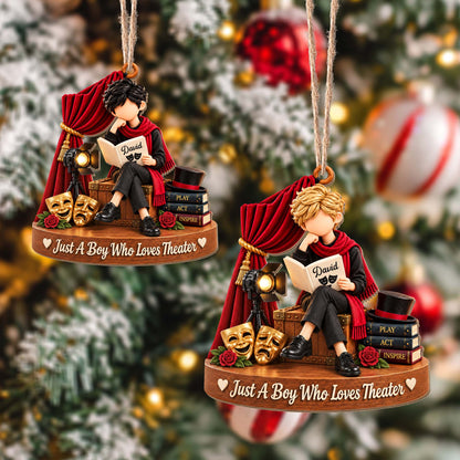 Just A Boy Who Loves Theater With Masks And Spotlight - Personalized Custom Wood Ornament, Custom Shaped - JBS431_WDO