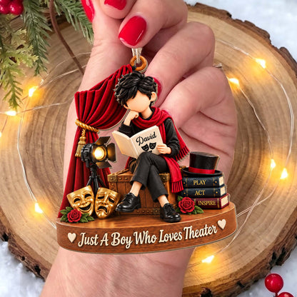 Just A Boy Who Loves Theater With Masks And Spotlight - Personalized Custom Wood Ornament, Custom Shaped - JBS431_WDO