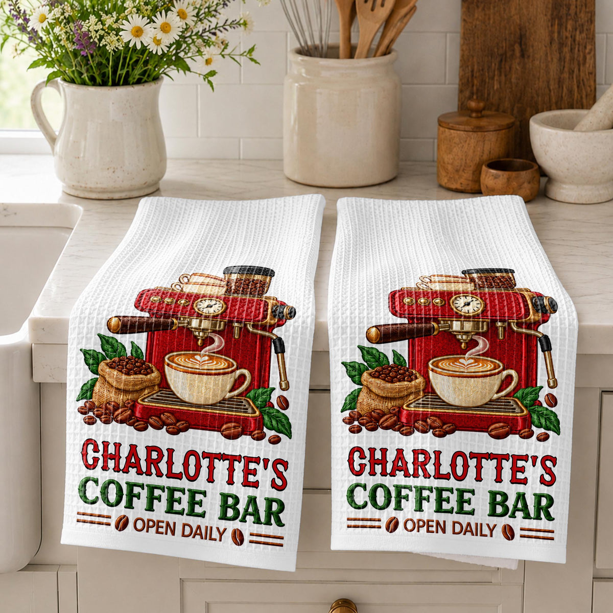Coffee Bar Open Daily Espresso Machine And Beans Design - Personalized Kitchen Towel - JBS516_TOWL