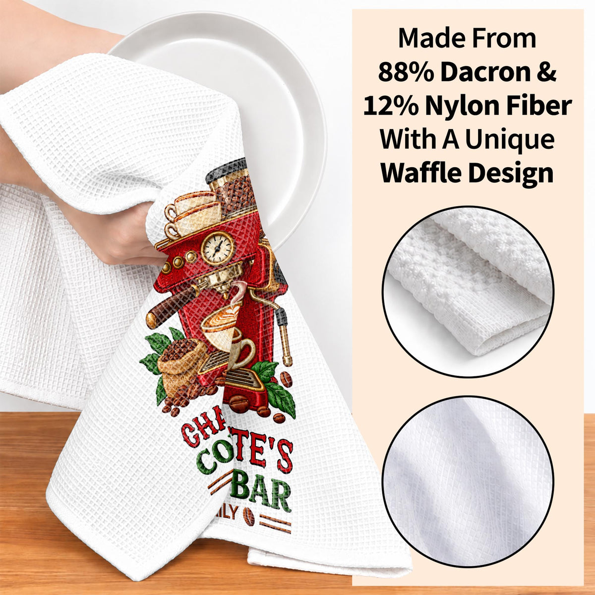 Coffee Bar Open Daily Espresso Machine And Beans Design - Personalized Kitchen Towel - JBS516_TOWL