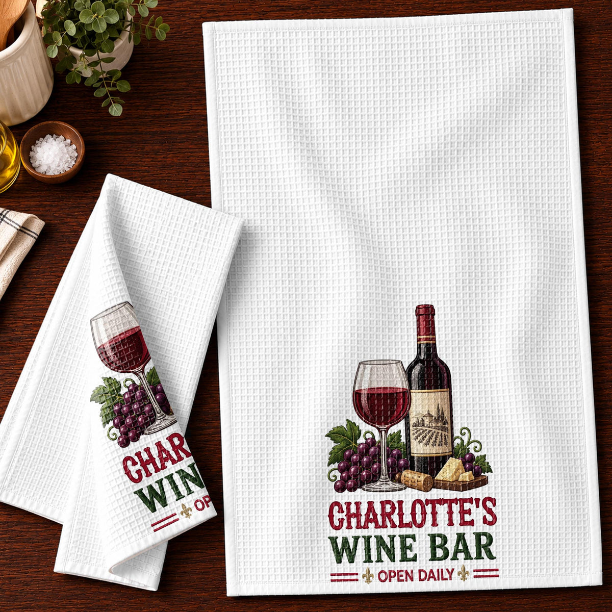 Wine Bar Open Daily Wine Bottle Grapes And Cheese - Personalized Kitchen Towel - JBS517_TOWL