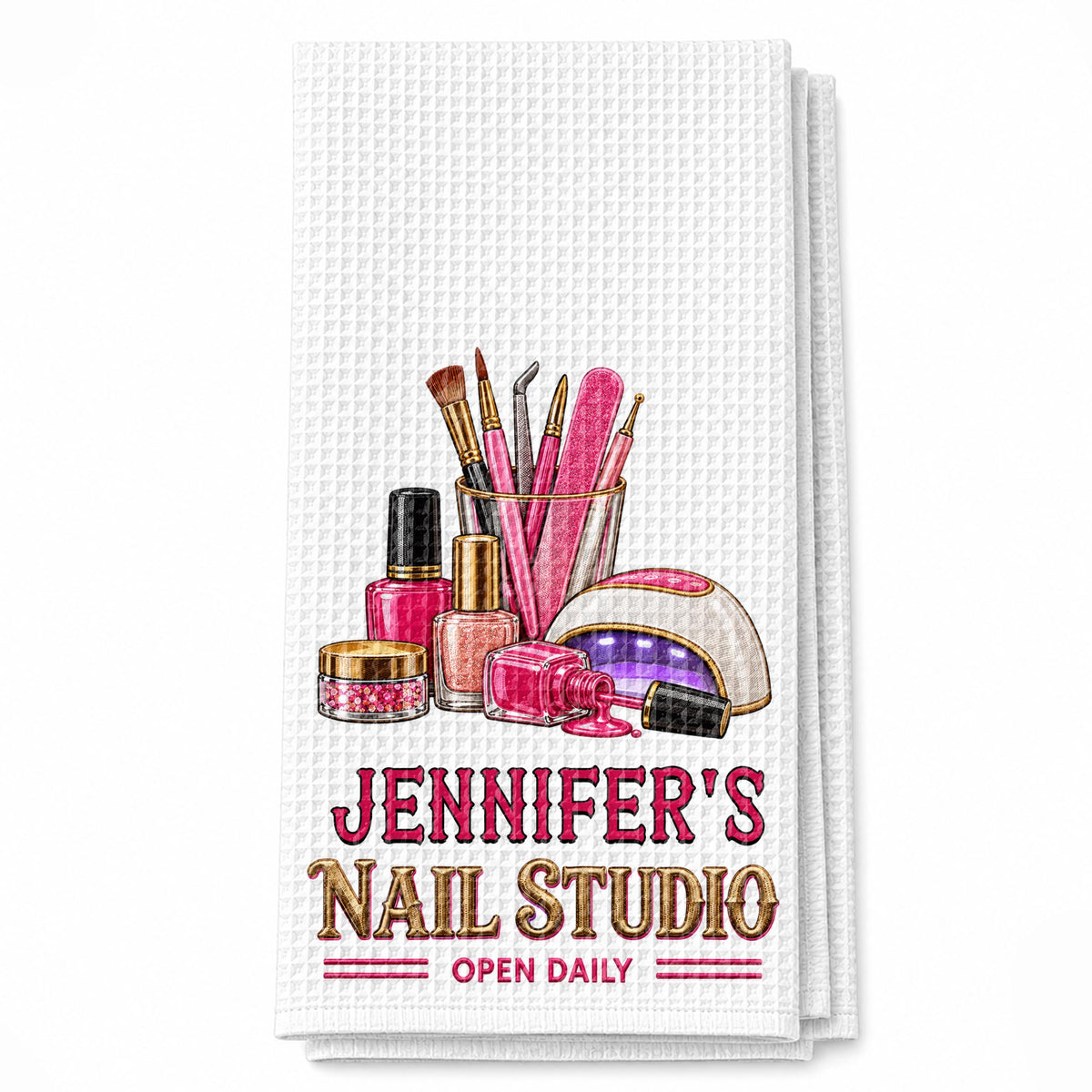 Nail Studio Open Daily With 3D Embroidery Style Nail Artist Tools - Personalized Kitchen Towel - JBS518_TOWL