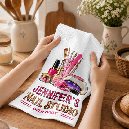 Nail Studio Open Daily With 3D Embroidery Style Nail Artist Tools - Personalized Kitchen Towel - JBS518_TOWL