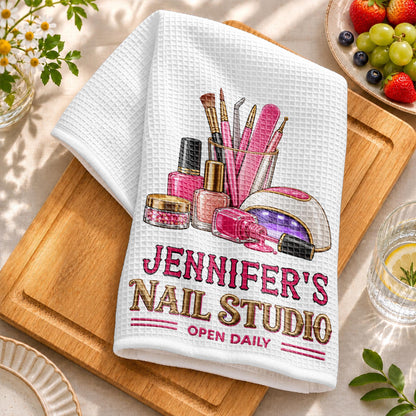 Nail Studio Open Daily With 3D Embroidery Style Nail Artist Tools - Personalized Kitchen Towel - JBS518_TOWL
