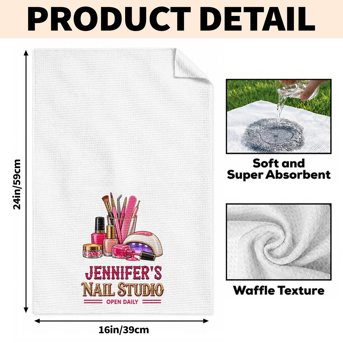 Nail Studio Open Daily With 3D Embroidery Style Nail Artist Tools - Personalized Kitchen Towel - JBS518_TOWL