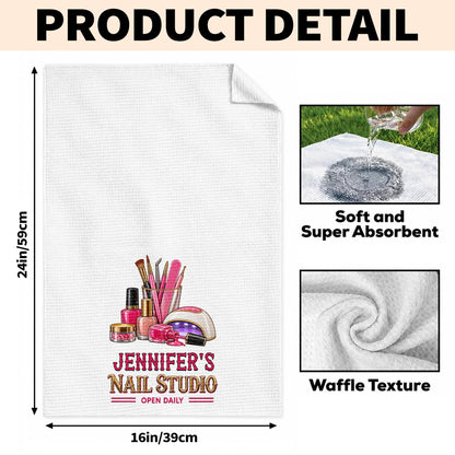 Nail Studio Open Daily With 3D Embroidery Style Nail Artist Tools - Personalized Kitchen Towel - JBS518_TOWL