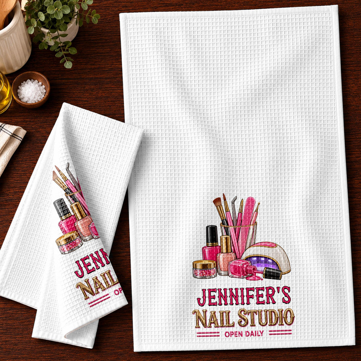 Nail Studio Open Daily With 3D Embroidery Style Nail Artist Tools - Personalized Kitchen Towel - JBS518_TOWL