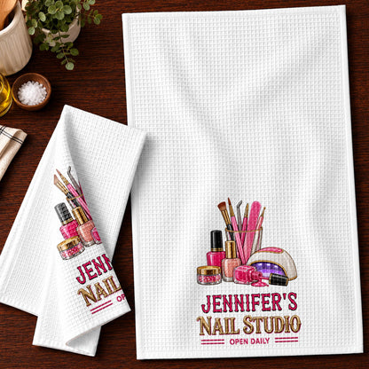 Nail Studio Open Daily With 3D Embroidery Style Nail Artist Tools - Personalized Kitchen Towel - JBS518_TOWL