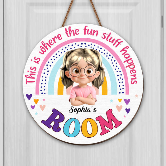 This Is Where The Fun Stuff Happens Rainbow Decor - Personalized Custom Shaped Wood Sign - KID012_WSIGN