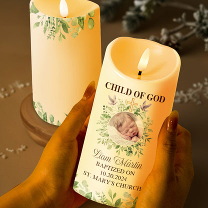 Child Of God Baptism Candle With Cross And Leaves