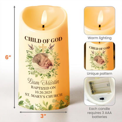 Child Of God Baptism Candle With Cross And Leaves