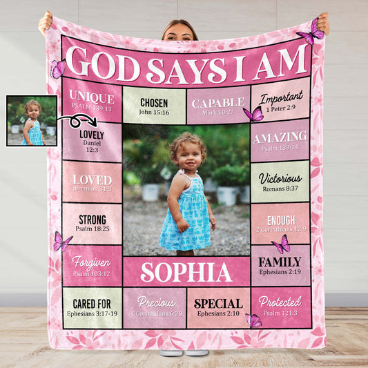 God Says I Am Unique, Chosen, Capable And More Inspiring Blanket - Personalized Custom Blanket - KID023_BLK