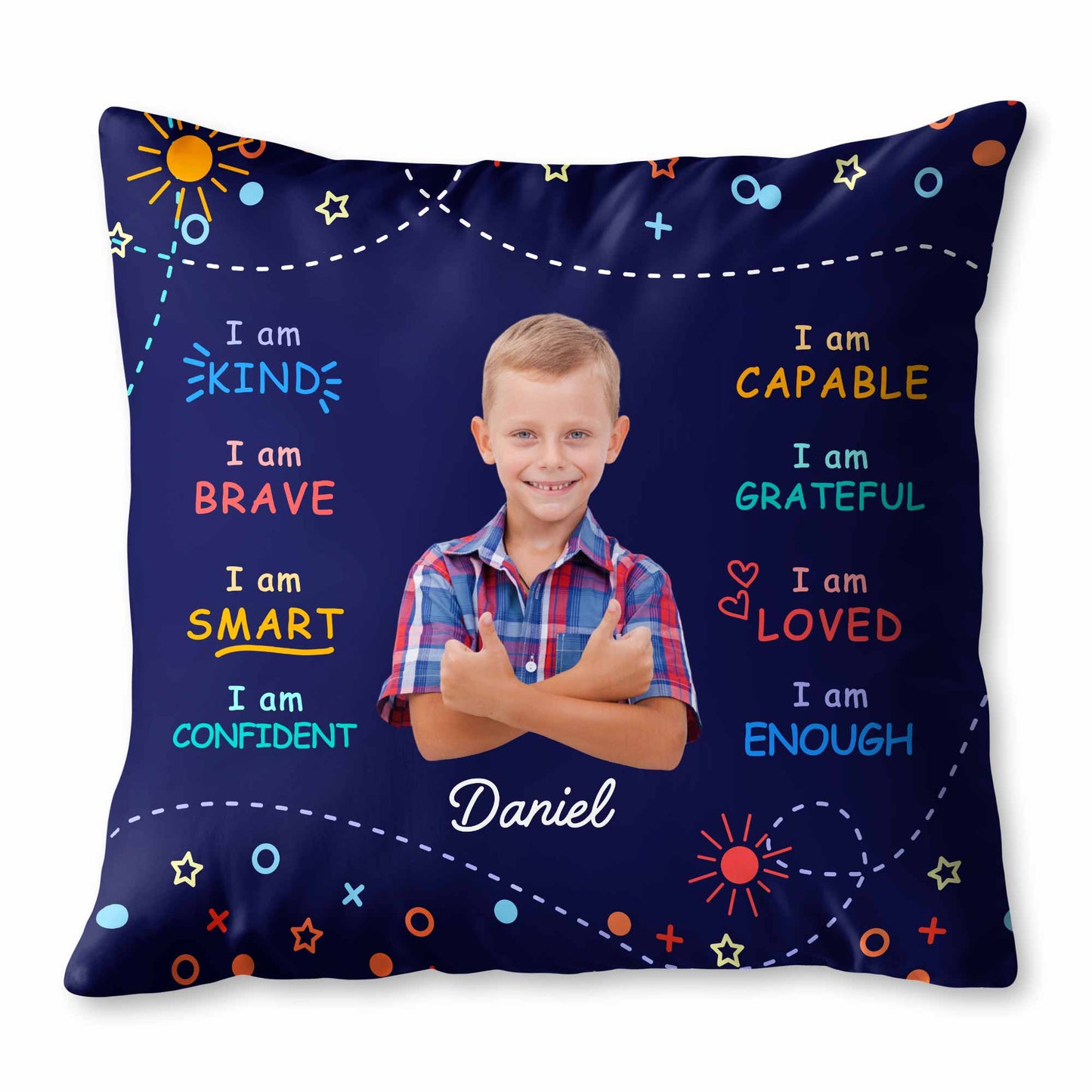 Almohada "Soy Amable, Valiente e Inteligente" con Sol y Estrellas - Almohada Personalizada, Incluye Relleno - KID028_PLW