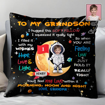 To My Grandson, I hugged this soft pillow, Space And Astronaut Design - Personalized Custom Pillow, Insert Included - KID029_PLW