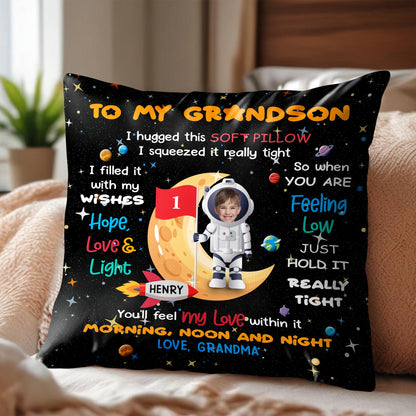 To My Grandson, I hugged this soft pillow, Space And Astronaut Design - Personalized Custom Pillow, Insert Included - KID029_PLW