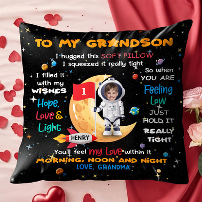 To My Grandson, I hugged this soft pillow, Space And Astronaut Design - Personalized Custom Pillow, Insert Included - KID029_PLW
