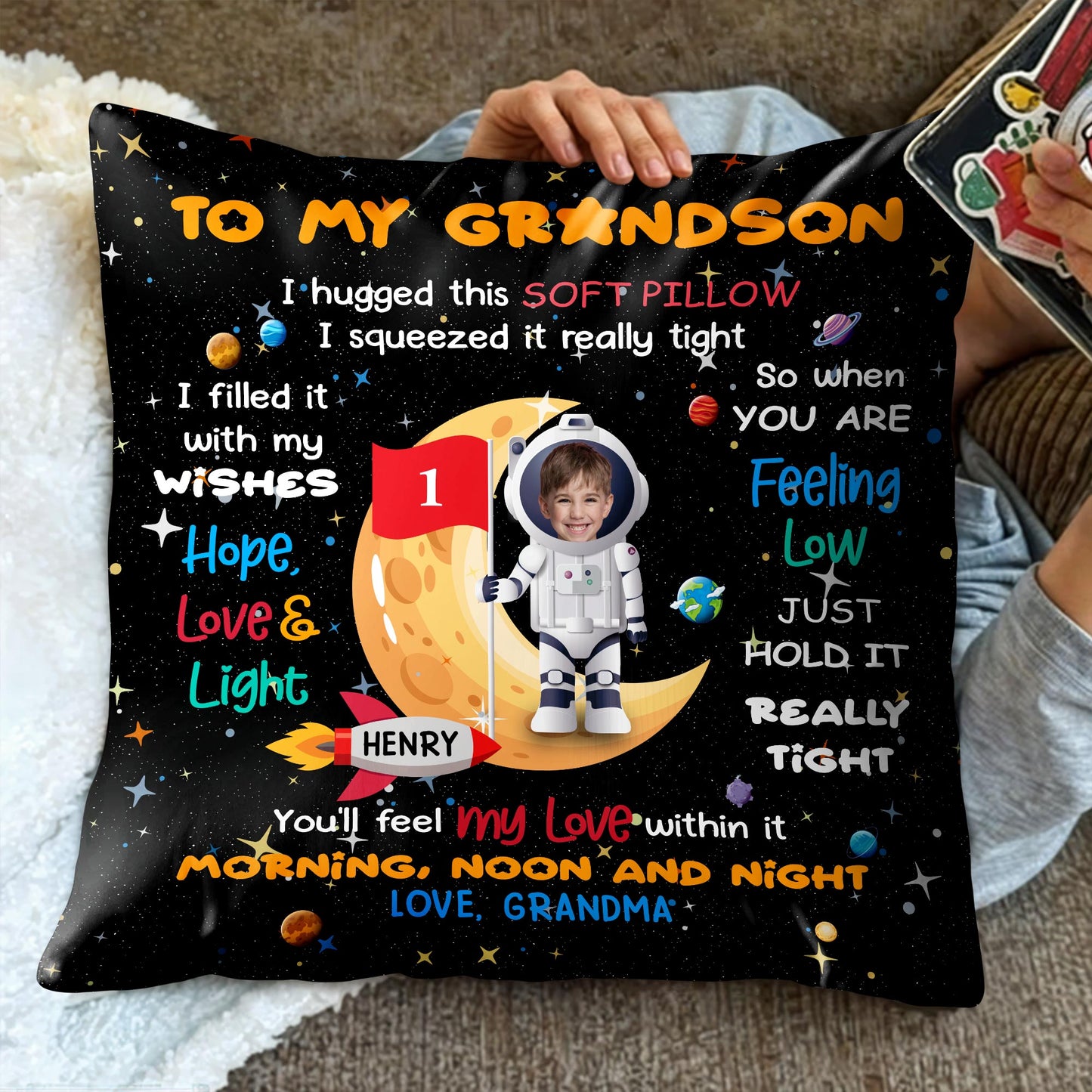To My Grandson, I hugged this soft pillow, Space And Astronaut Design - Personalized Custom Pillow, Insert Included - KID029_PLW