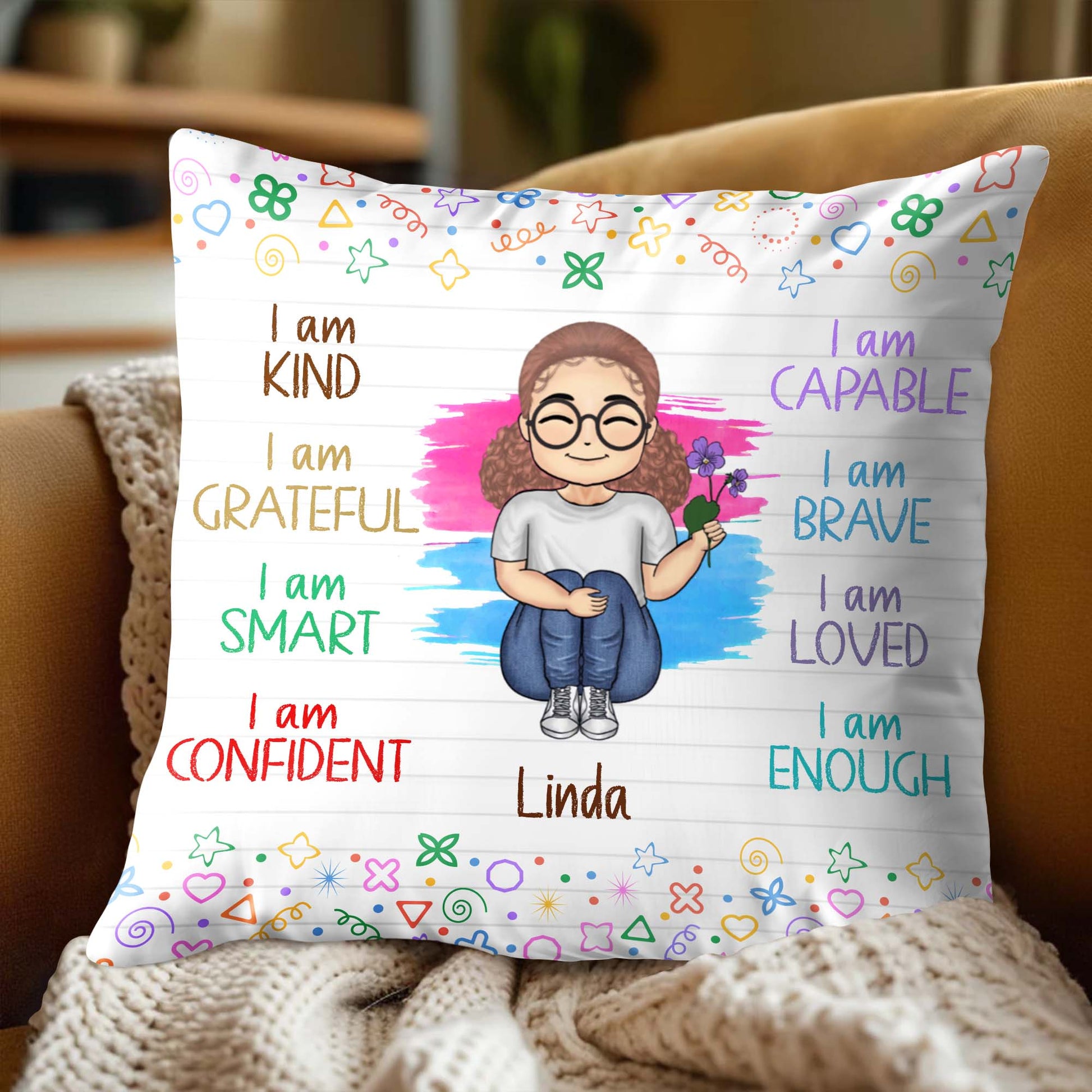 Empowering Messages Pillow With Cartoon Girl and Colorful Doodles