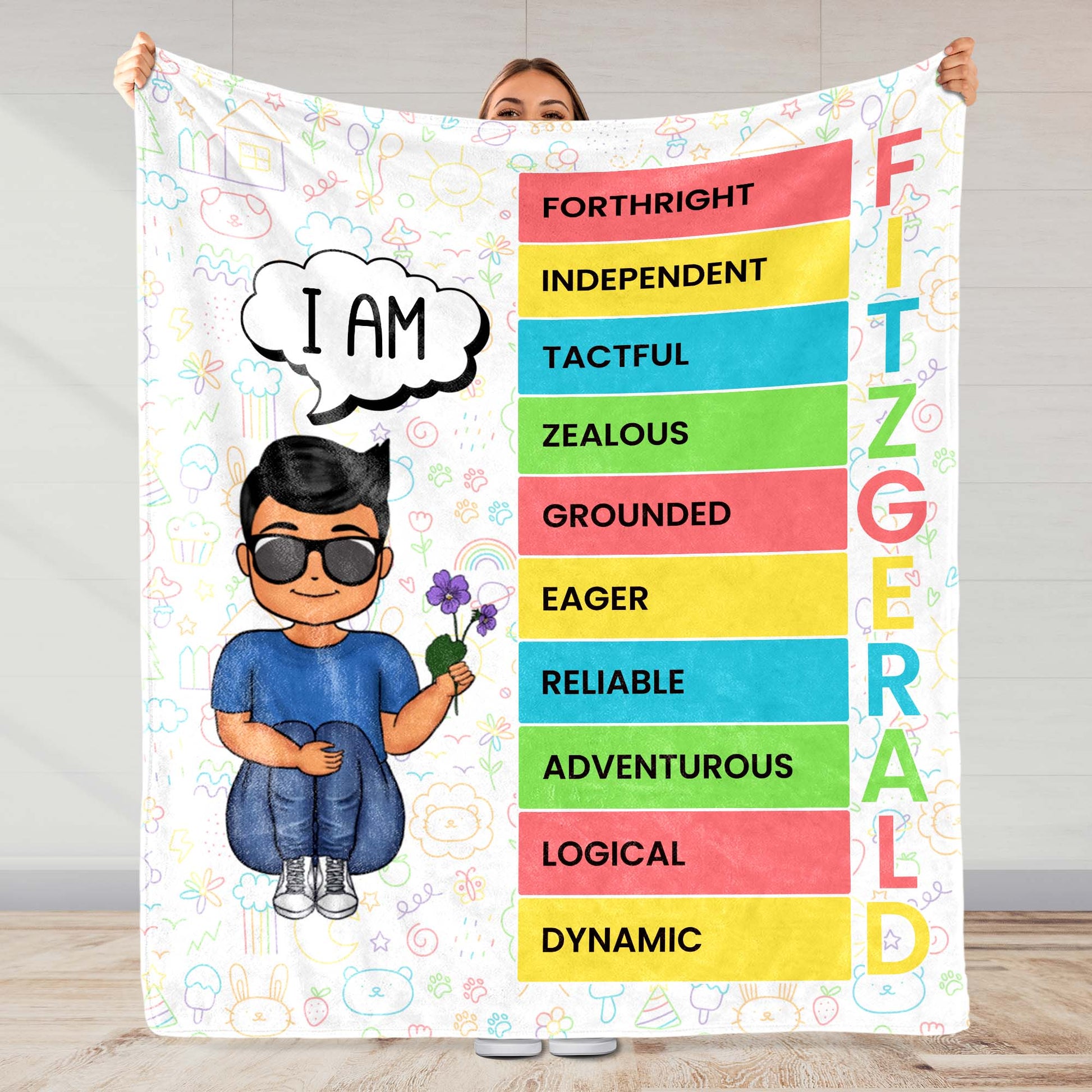 I Am Eager And Adventurous, Colorful Stripes And Cartoon Boy