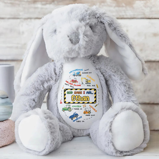 Victorious, Strong, Never Alone, Personalized Stuffed Bunny With Biblical Inscriptions