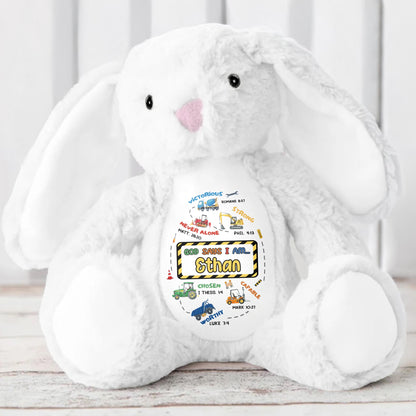 Victorious, Strong, Never Alone, Personalized Stuffed Bunny With Biblical Inscriptions