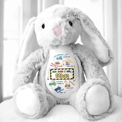 Victorious, Strong, Never Alone, Personalized Stuffed Bunny With Biblical Inscriptions