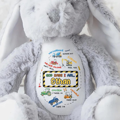 Victorious, Strong, Never Alone, Personalized Stuffed Bunny With Biblical Inscriptions