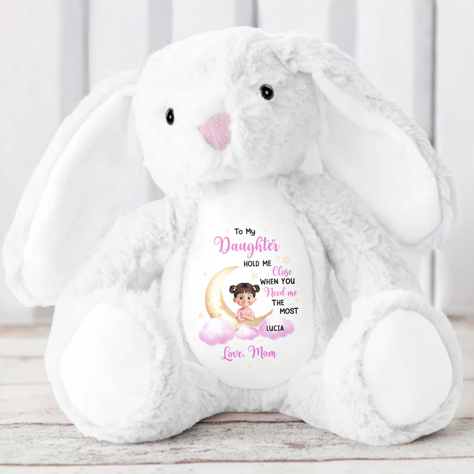 To My Daughter Hold Me Close, Stuffed Bunny, Moon and Clouds