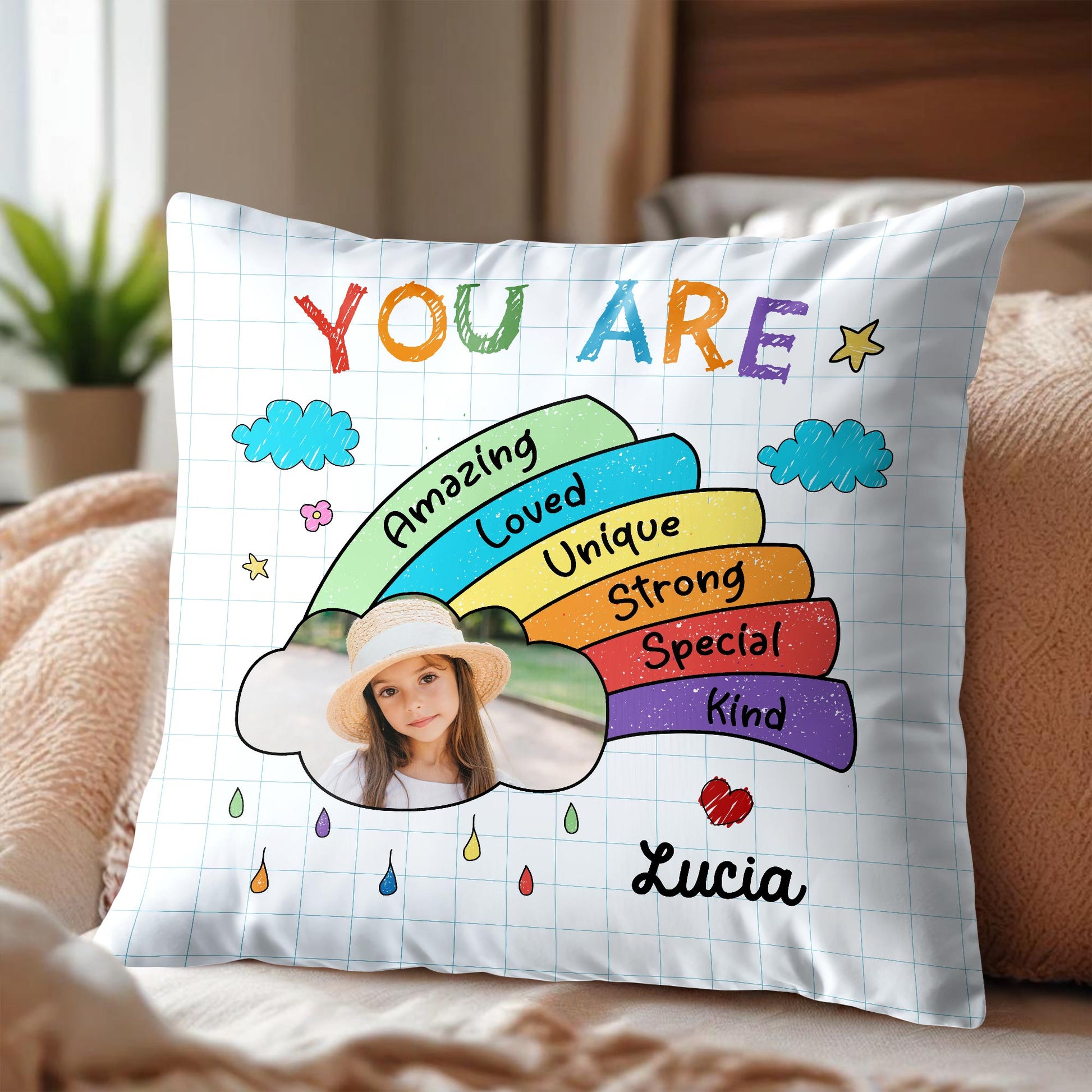 You Are Amazing, Loved, Unique, Strong, Special, Kind Rainbow Pillow