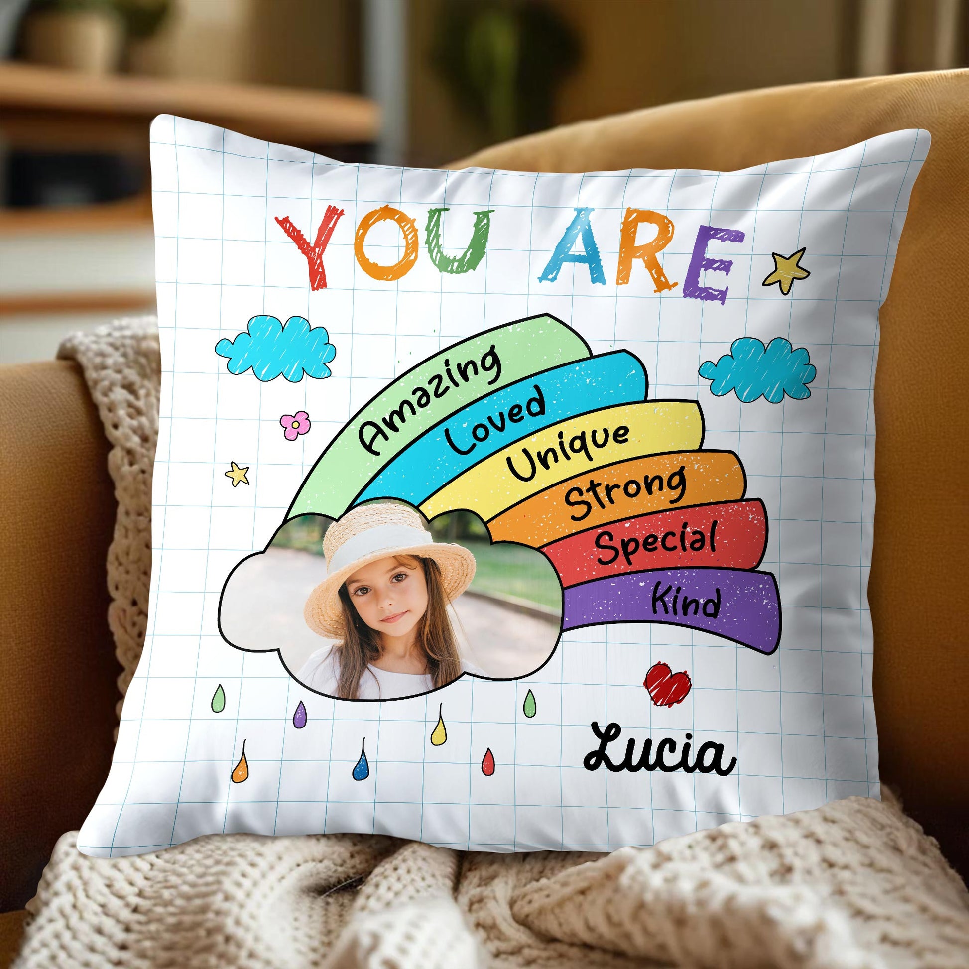You Are Amazing, Loved, Unique, Strong, Special, Kind Rainbow Pillow