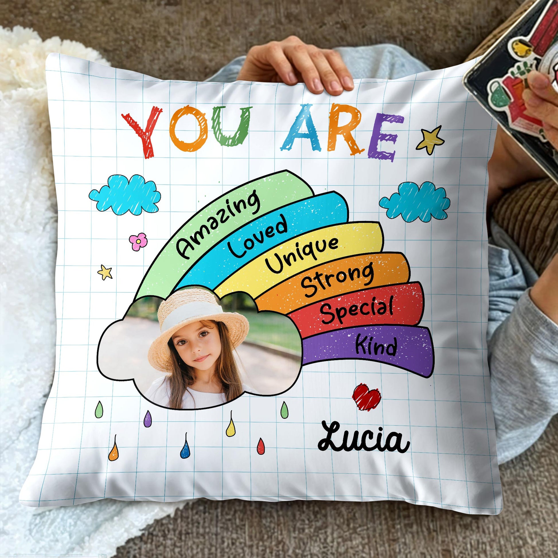 You Are Amazing, Loved, Unique, Strong, Special, Kind Rainbow Pillow