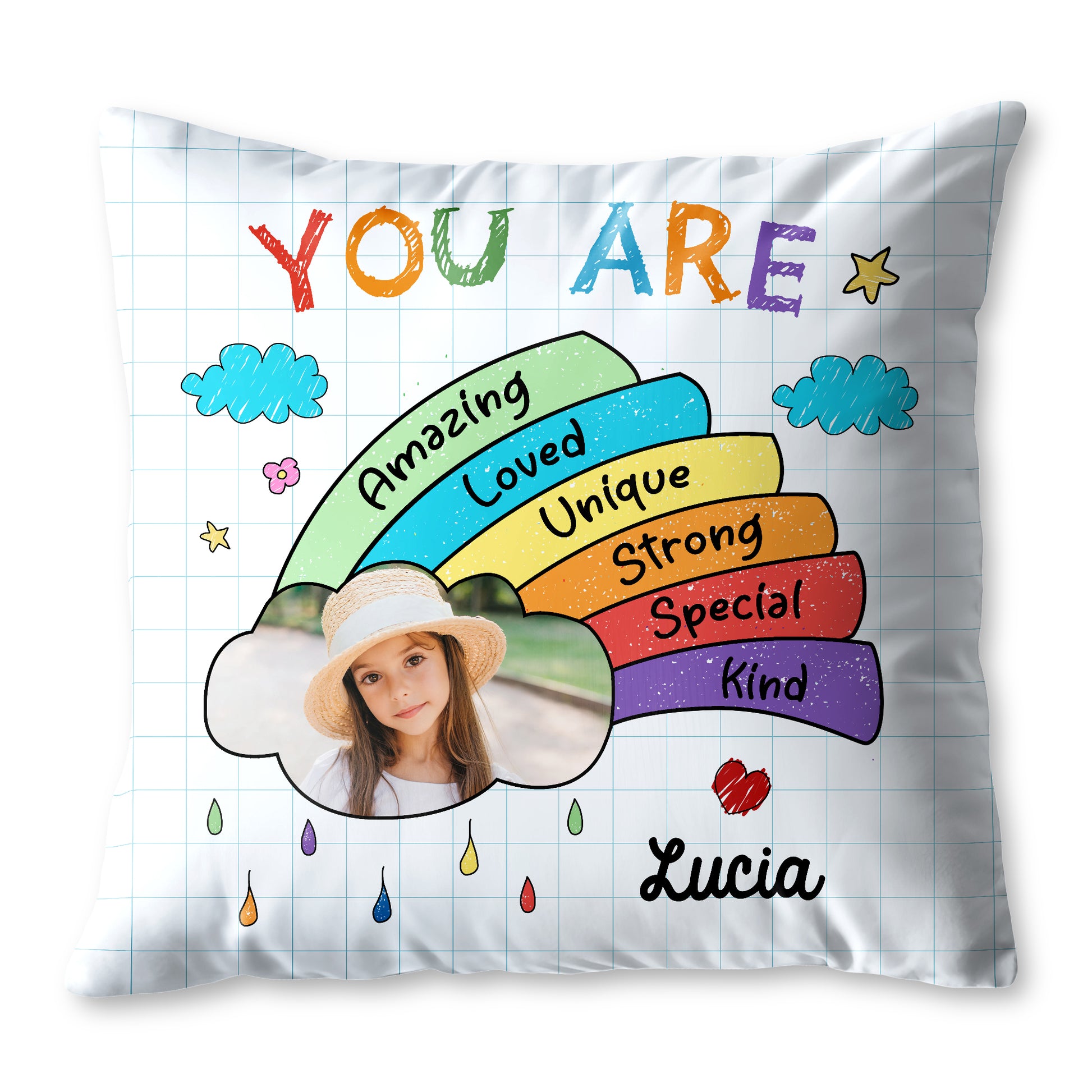 You Are Amazing, Loved, Unique, Strong, Special, Kind Rainbow Pillow