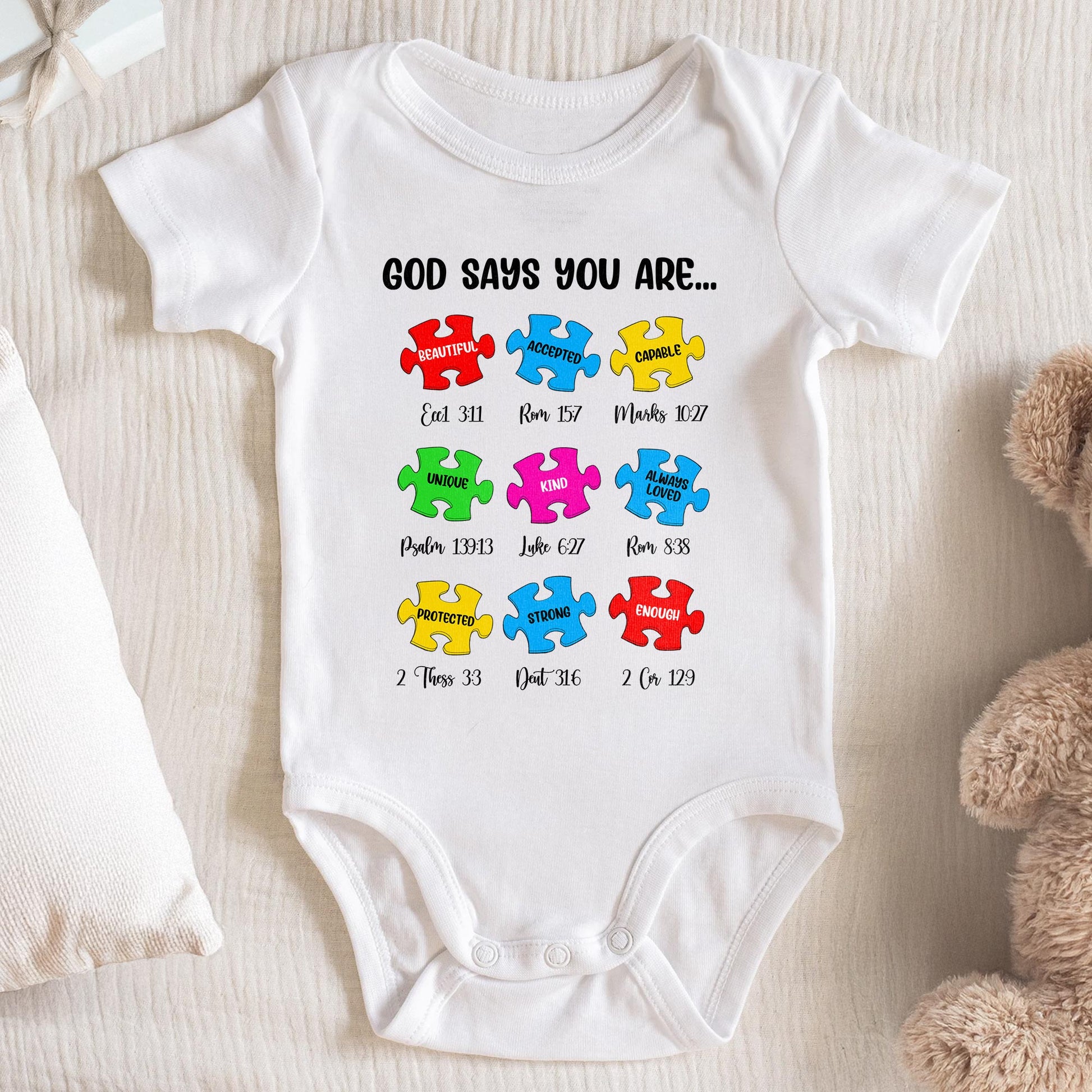 God Says You Are Beautiful, Accepted, Capable, Unique, Kind, Puzzle Pieces Onesie