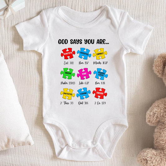 God Says You Are Beautiful, Accepted, Capable, Unique, Kind, Puzzle Pieces Onesie