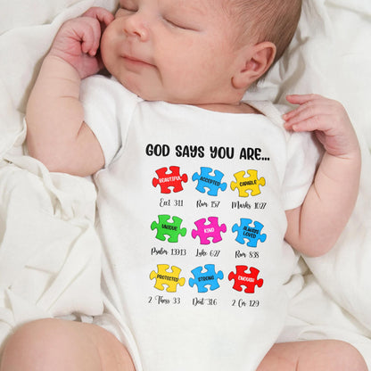 God Says You Are Beautiful, Accepted, Capable, Unique, Kind, Puzzle Pieces Onesie