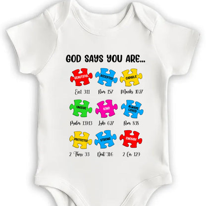 God Says You Are Beautiful, Accepted, Capable, Unique, Kind, Puzzle Pieces Onesie