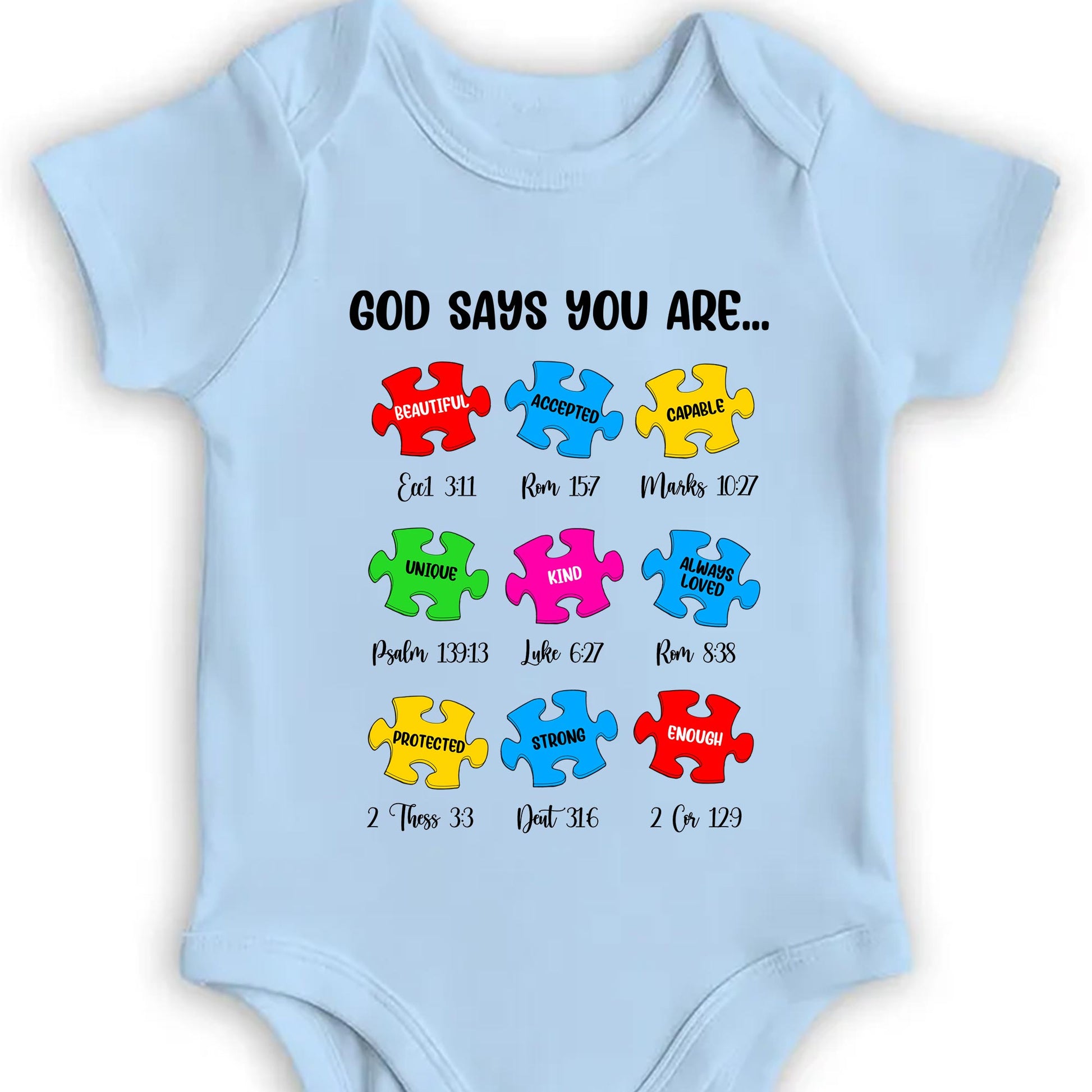 God Says You Are Beautiful, Accepted, Capable, Unique, Kind, Puzzle Pieces Onesie
