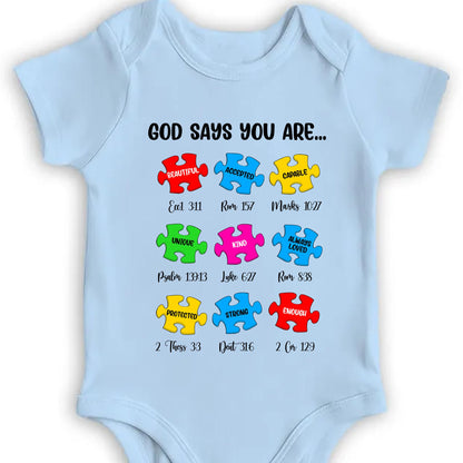 God Says You Are Beautiful, Accepted, Capable, Unique, Kind, Puzzle Pieces Onesie