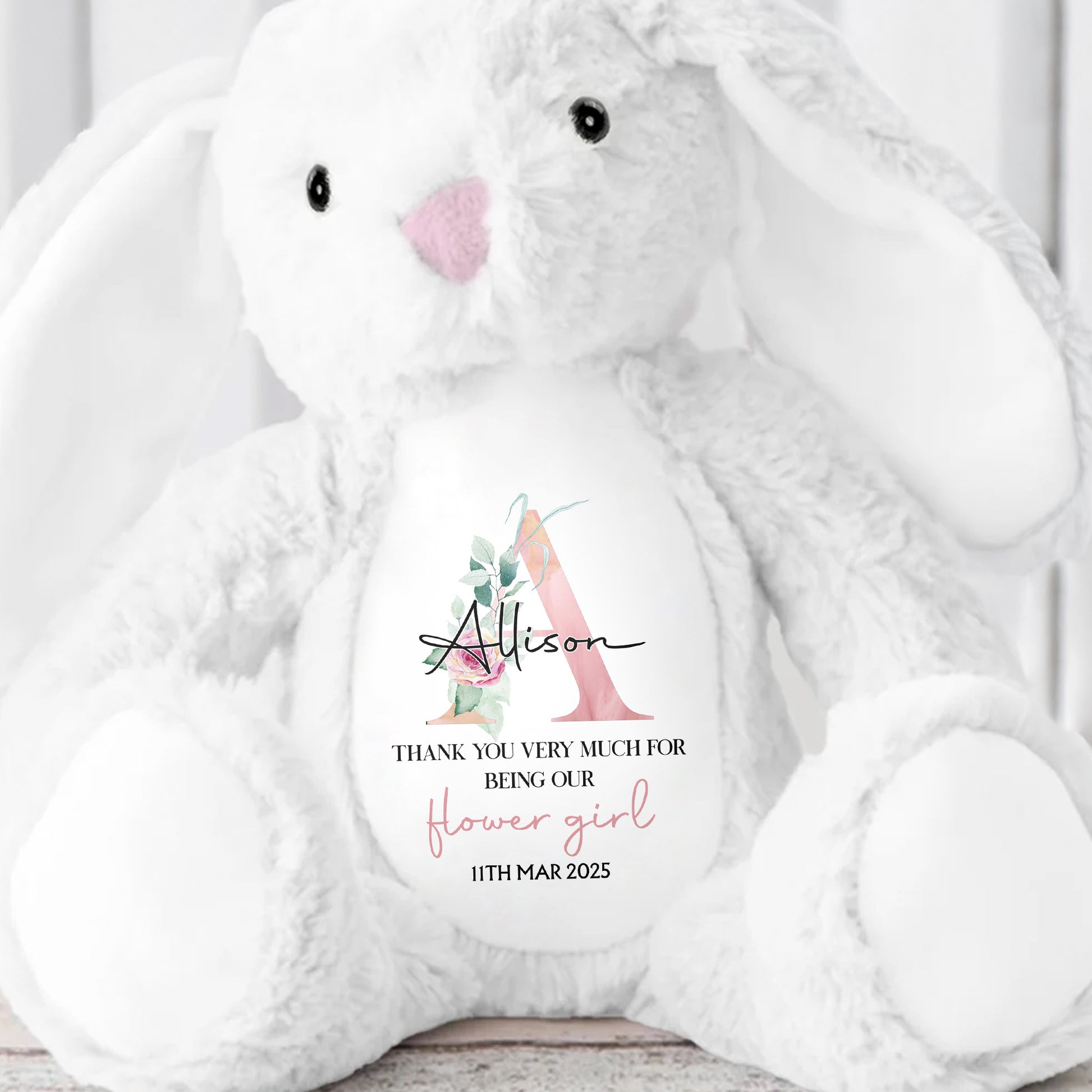 Thank You Very Much For Being Our Flower Girl, Stuffed Bunny With Floral Design