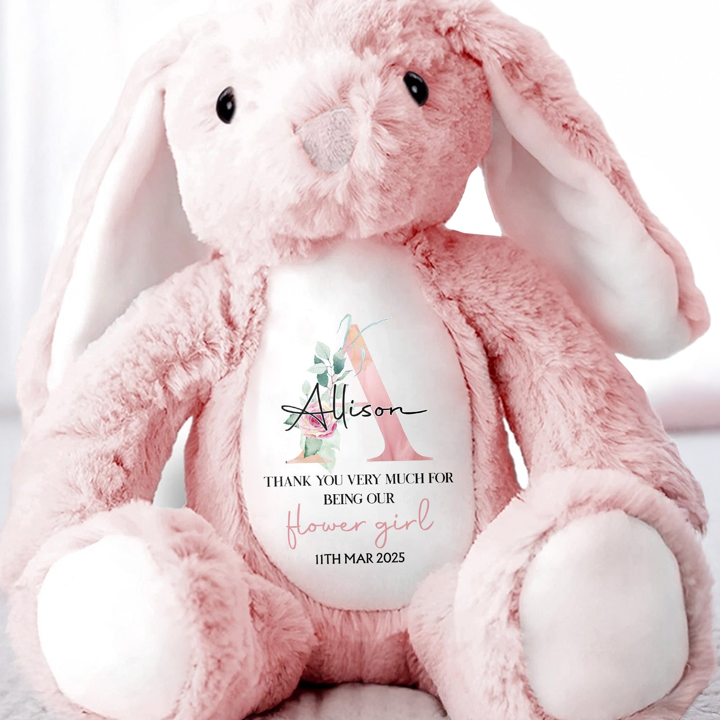 Thank You Very Much For Being Our Flower Girl, Stuffed Bunny With Floral Design