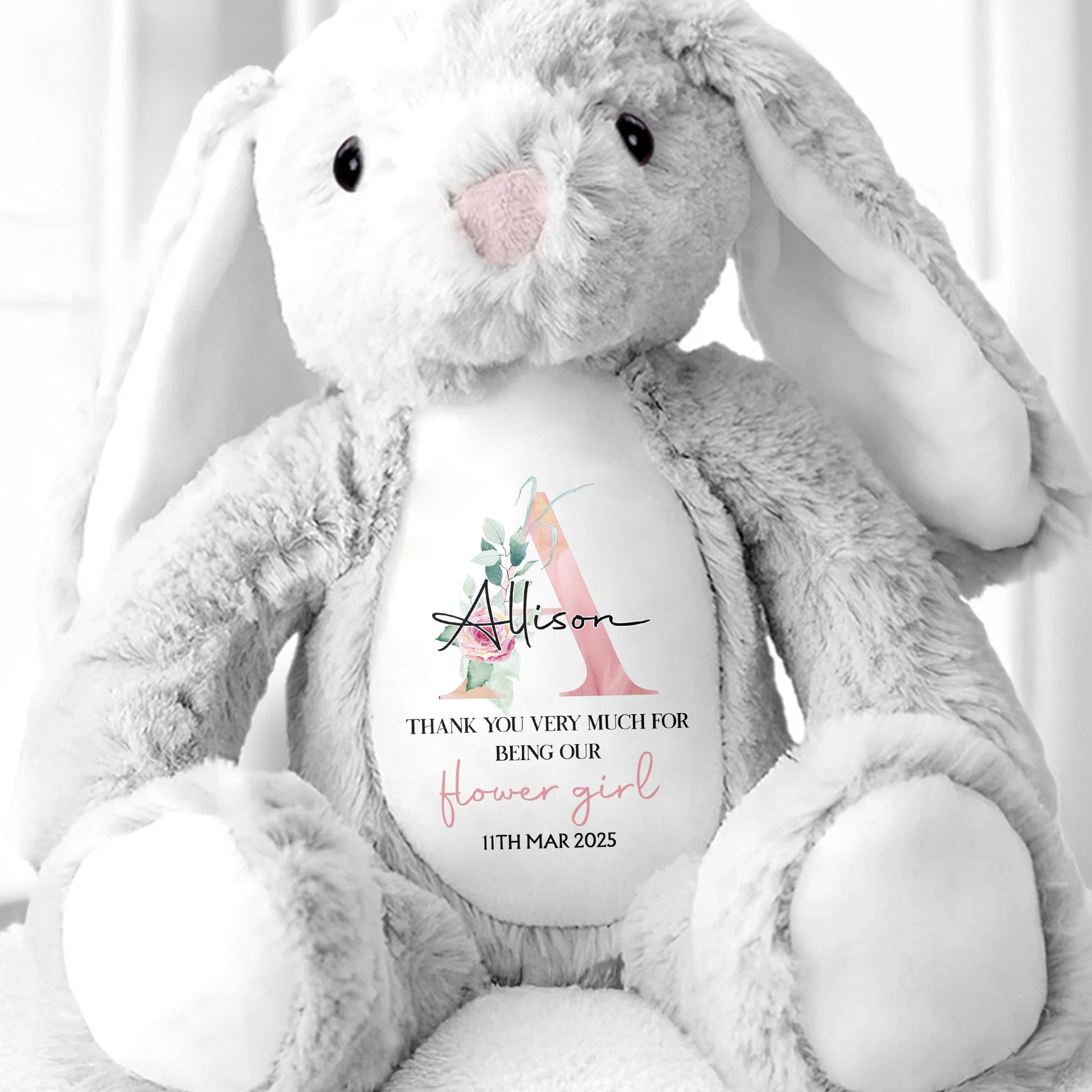 Thank You Very Much For Being Our Flower Girl, Stuffed Bunny With Floral Design
