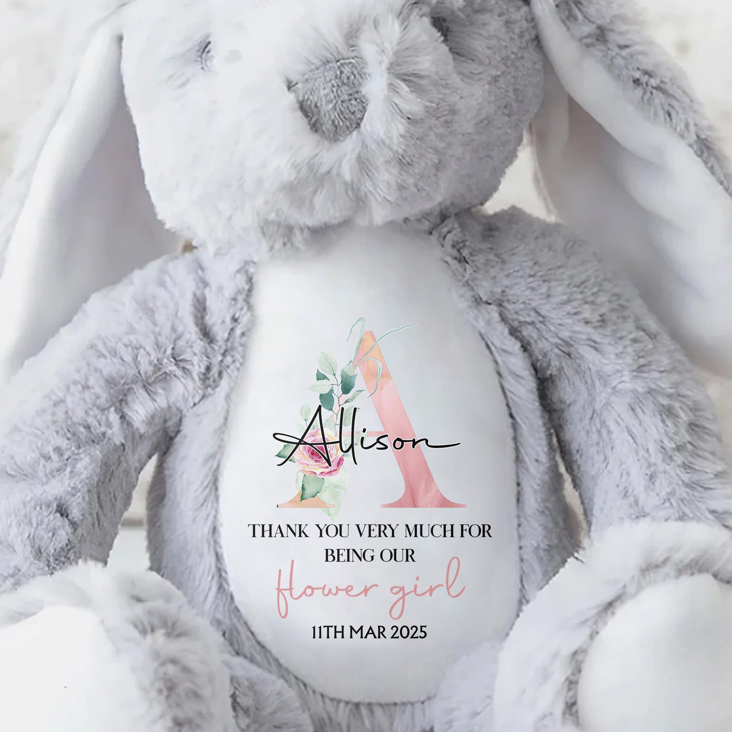 Thank You Very Much For Being Our Flower Girl, Stuffed Bunny With Floral Design