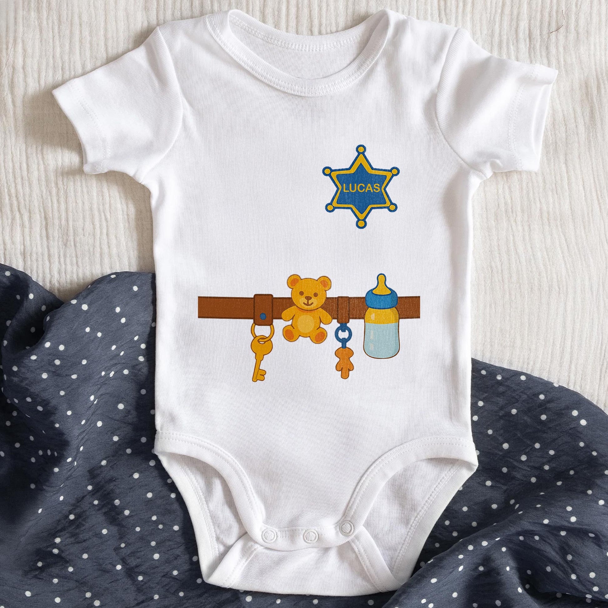 Customizable Baby Onesie Featuring Teddy Bear, Feeding Bottle And Keys