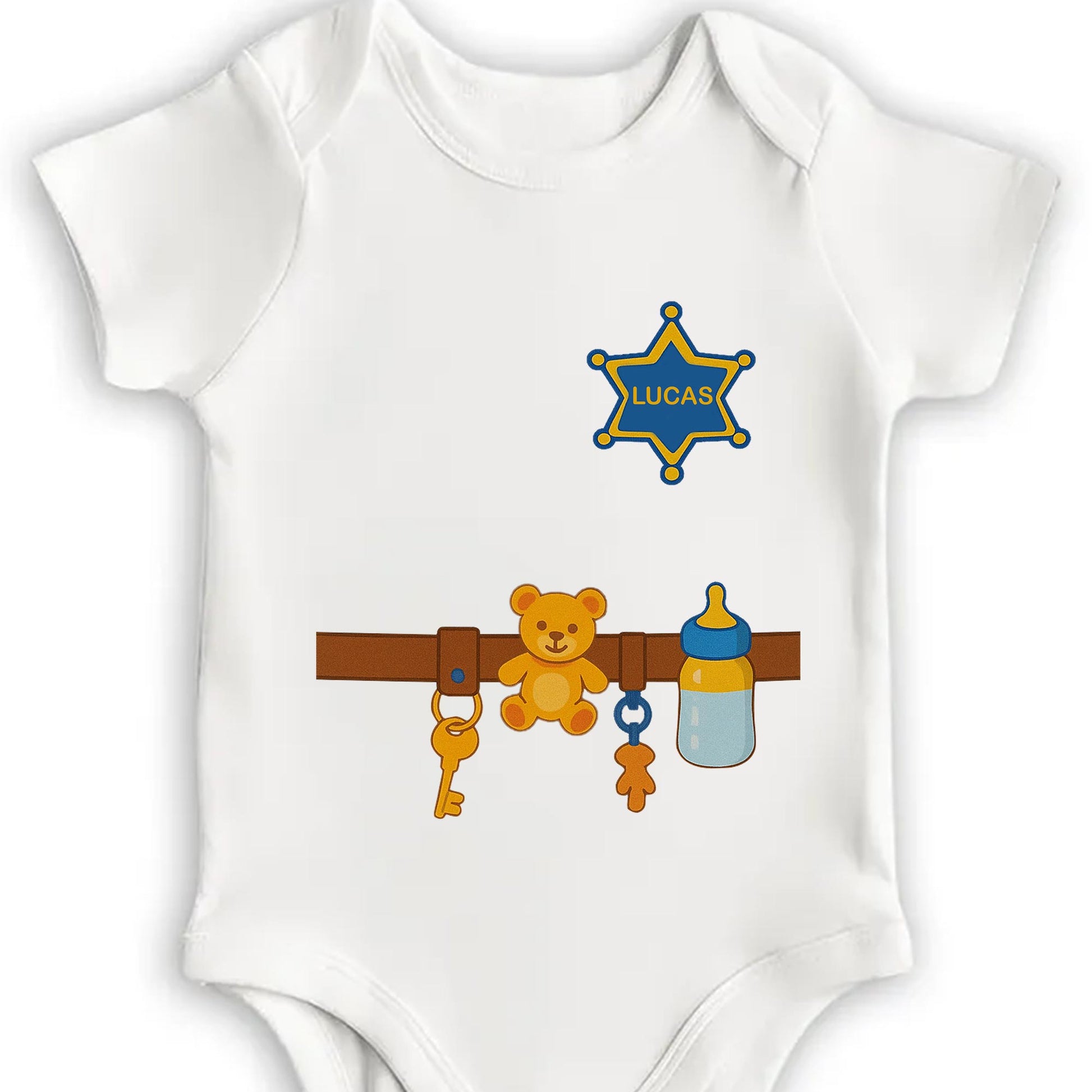 Customizable Baby Onesie Featuring Teddy Bear, Feeding Bottle And Keys