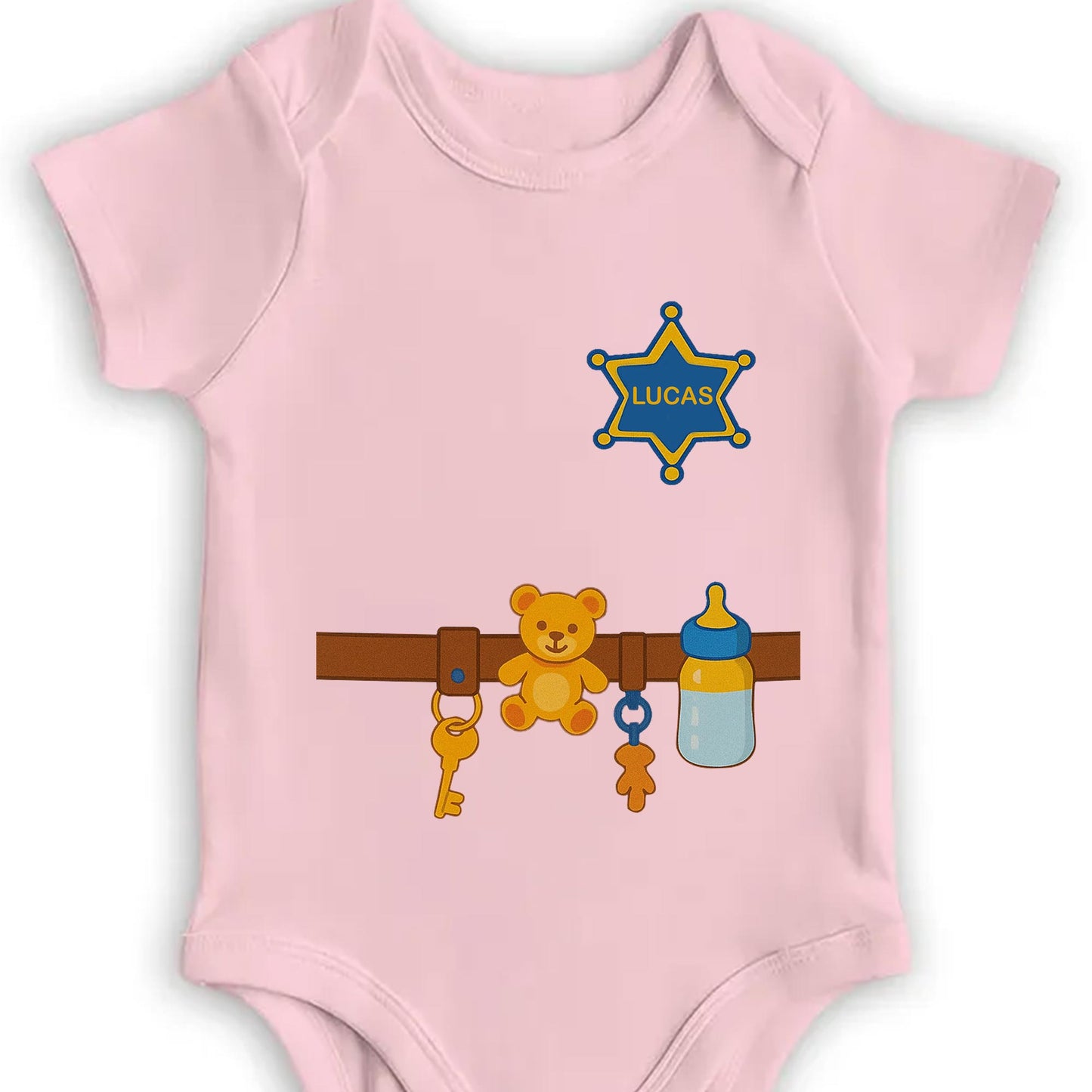 Customizable Baby Onesie Featuring Teddy Bear, Feeding Bottle And Keys
