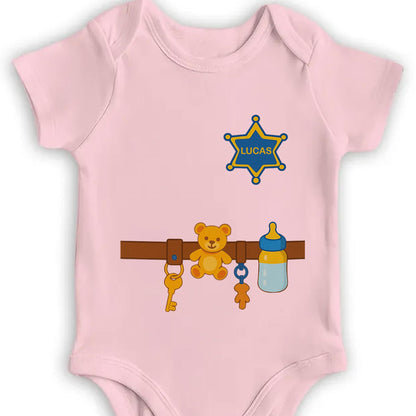 Customizable Baby Onesie Featuring Teddy Bear, Feeding Bottle And Keys