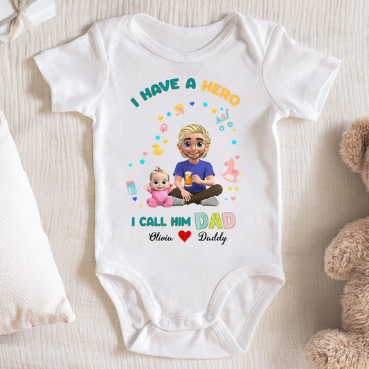 I Have A Hero I Call Him Dad, Cartoon Father And Little Girl - Personalized Custom Baby Onesie - KID064_ONES